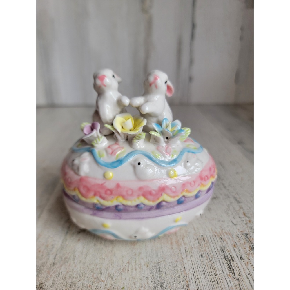 Vintage Easter bunny egg trinket floral‎ porcelain spring flower home decor